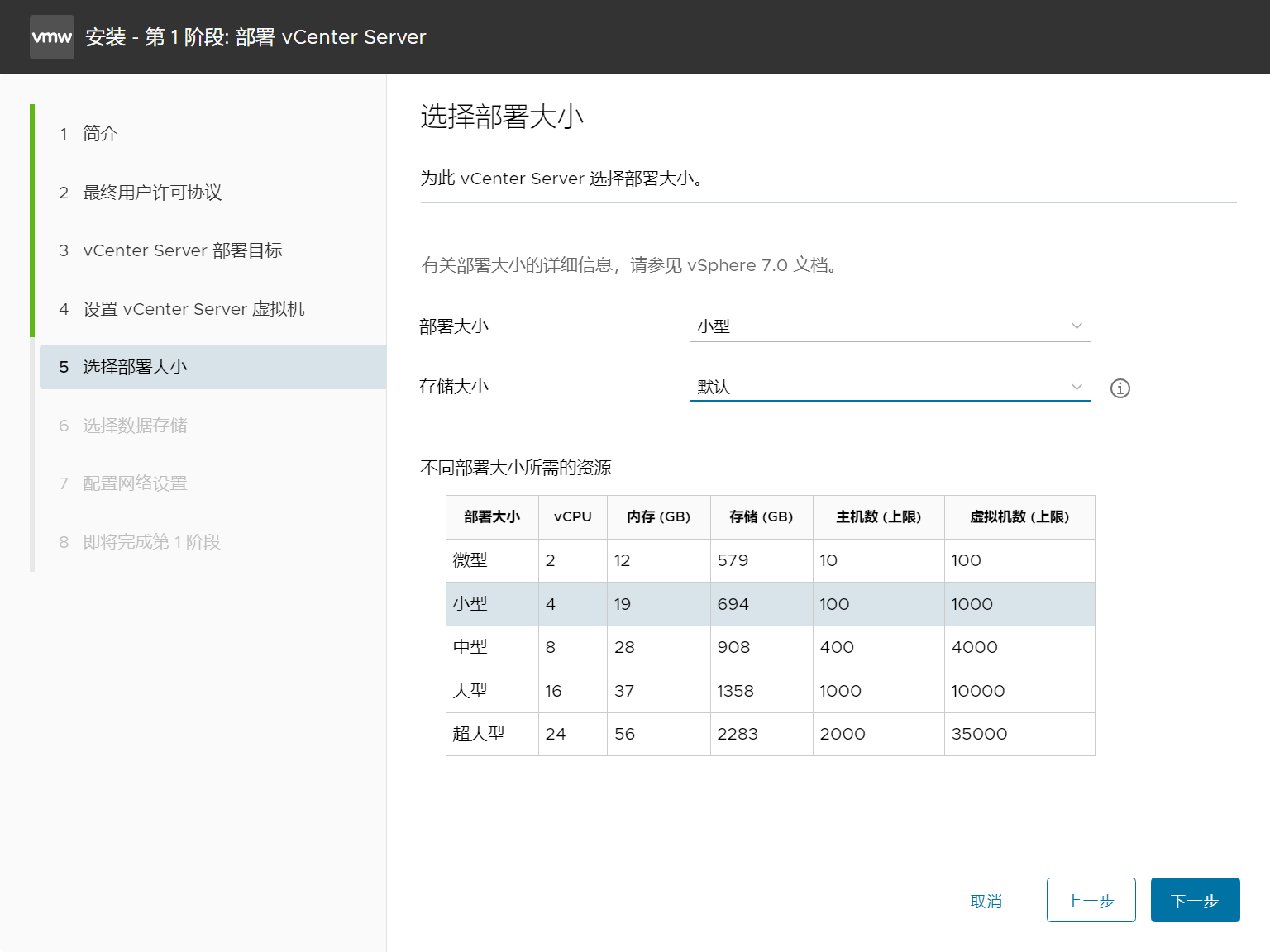 选择小型部署规模